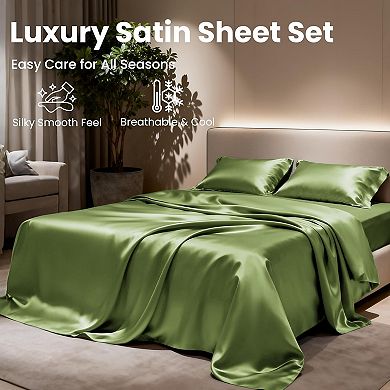 Satin Queen Bed Sheet Set - 4 Piece, Sage, Silky Soft, Deep Pocket, Luxury Feel