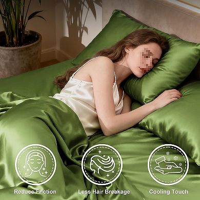 Satin Queen Bed Sheet Set - 4 Piece, Sage, Silky Soft, Deep Pocket, Luxury Feel