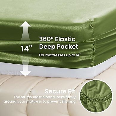 Satin Queen Bed Sheet Set - 4 Piece, Sage, Silky Soft, Deep Pocket, Luxury Feel