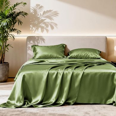 Satin Queen Bed Sheet Set - 4 Piece, Sage, Silky Soft, Deep Pocket, Luxury Feel