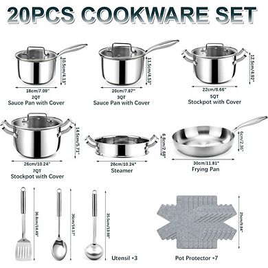 MOEPLSYPremium 20-piece stainless steel cookware set with 3-ply frying , induction compatible