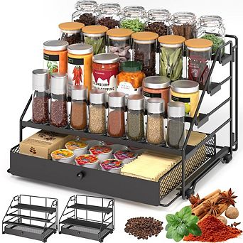 4 tier Adjustable Spice Rack Organizer with Drawer, Deep Metal Storage Shelf for Kitchen