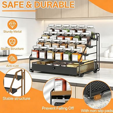 4-Tier Adjustable Spice Rack Organizer with Drawer, Deep Metal Storage Shelf for Kitchen