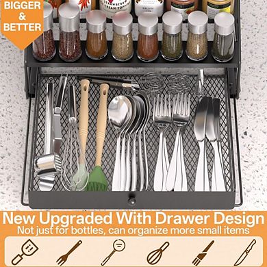 4-Tier Adjustable Spice Rack Organizer with Drawer, Deep Metal Storage Shelf for Kitchen