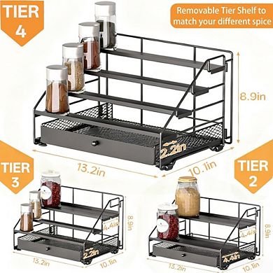 4-Tier Adjustable Spice Rack Organizer with Drawer, Deep Metal Storage Shelf for Kitchen