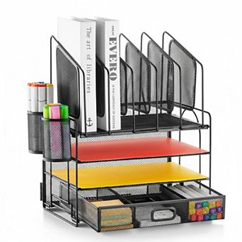 KAUFLY Multifunctional Mesh Desk Organizer 5 Sorters 3 Drawer 2 Pen Holders Easy