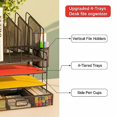 KAUFLY Multifunctional Mesh Desk Organizer 5 Sorters 3 Drawer 2 Pen Holders Easy
