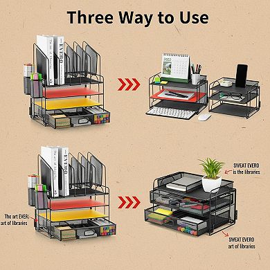 KAUFLY Multifunctional Mesh Desk Organizer 5 Sorters 3 Drawer 2 Pen Holders Easy