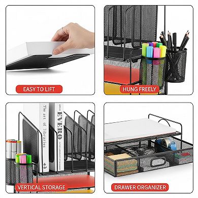 KAUFLY Multifunctional Mesh Desk Organizer 5 Sorters 3 Drawer 2 Pen Holders Easy