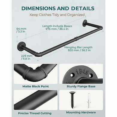 Industrial Pipe Clothes Rack Wall Mounted Set of 2 Heavy Duty