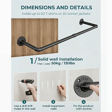 Industrial Pipe Clothes Rack Wall Mounted Set of 2 Heavy Duty