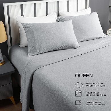 Queen Sheet Set - Jersey Knit Sheets 4 Piece Cotton Soft T-Shirt Stretchy Sheets