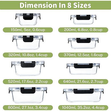 8 Pack Borosilicate Glass Food Storage Containers with Lids, Glass Meal Prep Containers