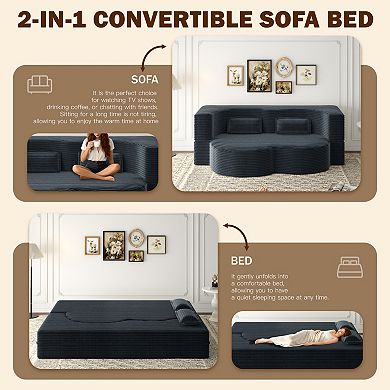 Pnronnc Modern Floor Sofa Bed Convertible Loveseat Sofa, Corduroy Sleeper Sofa with 2 Pillows
