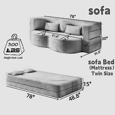 Pnronnc Modern Floor Sofa Bed Convertible Loveseat Sofa, Corduroy Sleeper Sofa with 2 Pillows
