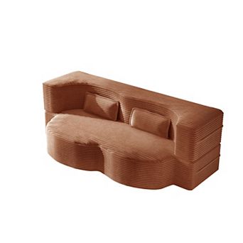 Pnronnc Modern Floor Sofa Bed Convertible Loveseat Corduroy Sleeper Sofa with 2 Pillows