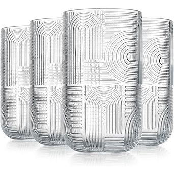 4 pc Highball Glass Set, Thick Embossed Drinking Glasses for Everyday Use