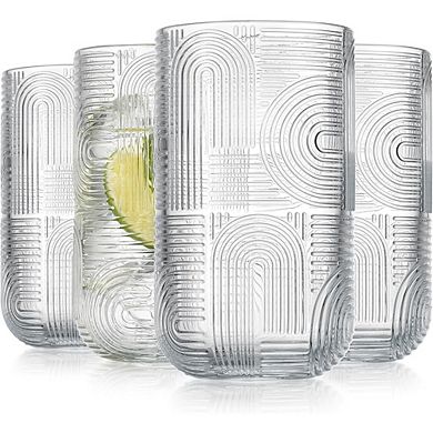4pc Highball Glass Set, Thick Embossed Drinking Glasses for Everyday Use
