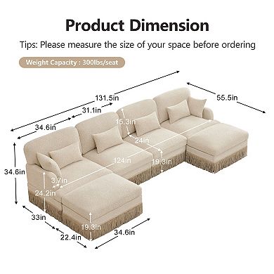 Pnronnc Sectional Sofa U-Shaped Modular Deep Seat Couch with Ottomans Pillows Leopard Print Chenille