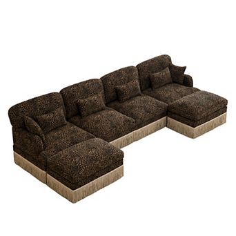 Pnronnc Sectional Sofa U-Shaped Modular Deep Seat Couch with Ottomans Pillows Leopard Print Chenille