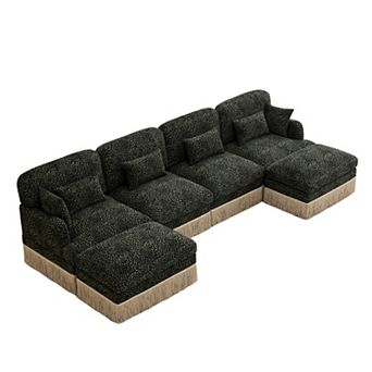 Pnronnc Sectional Sofa U-Shaped Modular Deep Seat Couch with Ottomans Pillows Leopard Print Chenille