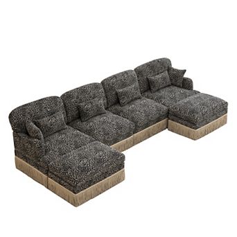 Pnronnc Sectional Sofa U-Shaped Modular Deep Seat Couch with Ottomans Pillows Leopard Print Chenille