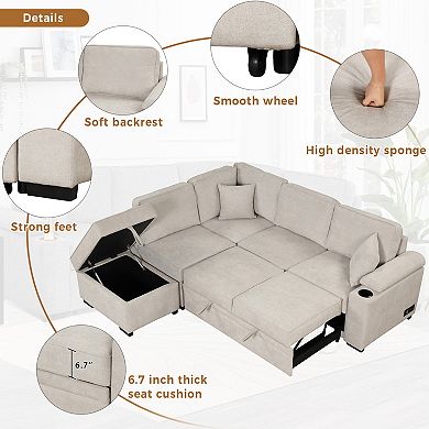Pnronnc Modular L Shaped Couch, Pull Out Sleeper Sofa Bed with Storage Ottoman and Pillow