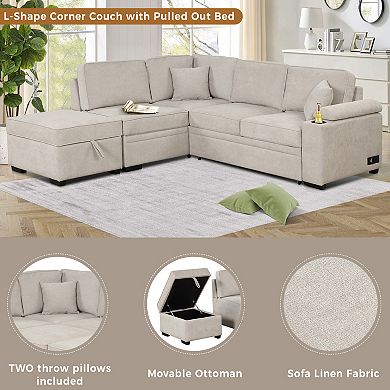 Pnronnc Modular L Shaped Couch, Pull Out Sleeper Sofa Bed with Storage Ottoman and Pillow