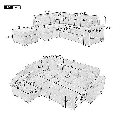 Pnronnc Modular L Shaped Couch, Pull Out Sleeper Sofa Bed with Storage Ottoman and Pillow