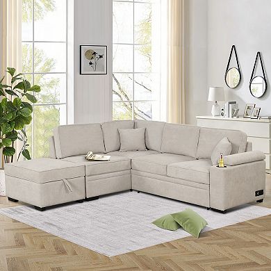 Pnronnc Modular L Shaped Couch, Pull Out Sleeper Sofa Bed with Storage Ottoman and Pillow