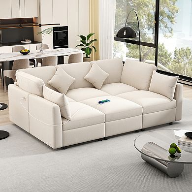 Pnronnc Modular Sectional Sofa, Chenille Convertible Sofa Bed with Ottoman, USB Ports and Pillow