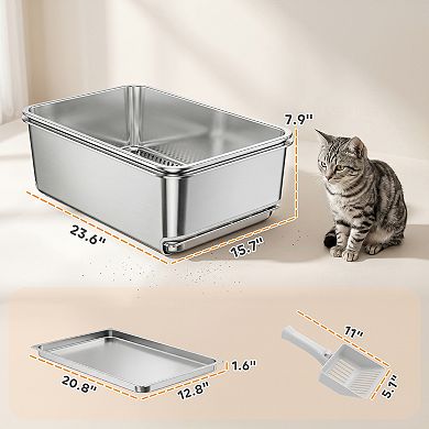 PawHut Stainless Steel Litter Box, XL Sifting Cat Litter Box, Easy Clean