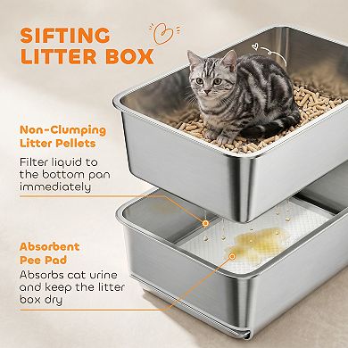 PawHut Stainless Steel Litter Box, XL Sifting Cat Litter Box, Easy Clean