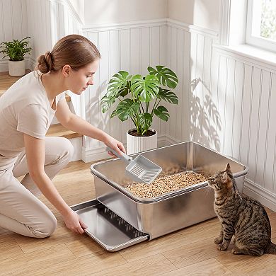 PawHut Stainless Steel Litter Box, XL Sifting Cat Litter Box, Easy Clean