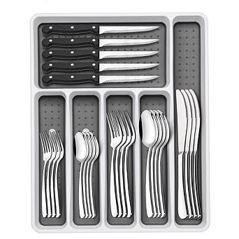 49 pc Stainless Steel Flatware Set for 8 with Organizer & Steak Knives, Proof Mirror Polished