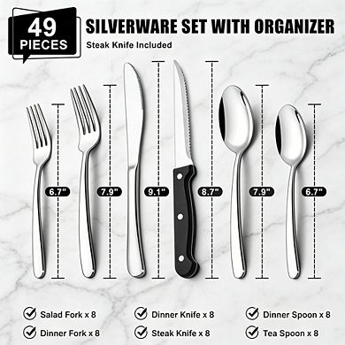 49-Piece Stainless Steel Flatware Set for 8 with Organizer & Steak Knives, Proof Mirror Polished
