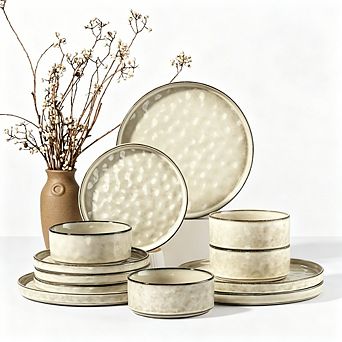MOEPLSY12 pc Khaki Stoneware Dinnerware Set, Chip & Scratch Resistant Ceramic Plates and Bowls