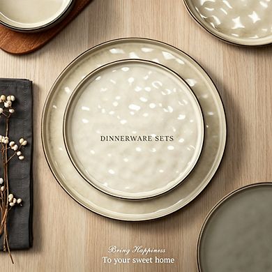 MOEPLSY12-Piece Khaki Stoneware Dinnerware Set, Chip & Scratch Resistant Ceramic Plates and Bowls