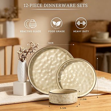 MOEPLSY12-Piece Khaki Stoneware Dinnerware Set, Chip & Scratch Resistant Ceramic Plates and Bowls