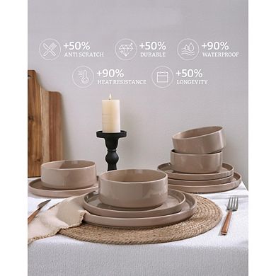 MOEPLSY12-Piece Cinnamon Brown Dinnerware Set, Modern Plates and Bowls Everyday Stoneware Dish Set