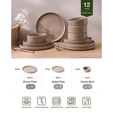 MOEPLSY12-Piece Cinnamon Brown Dinnerware Set, Modern Plates and Bowls Everyday Stoneware Dish Set