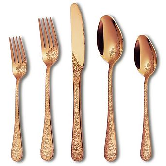 Carved Floral Rose Gold Copper Silverware Set 20 pc for 4, Stainless Steel Flatware Set