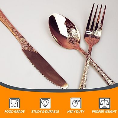 Carved Floral Rose Gold Copper Silverware Set 20-Piece for 4, Stainless Steel Flatware Set