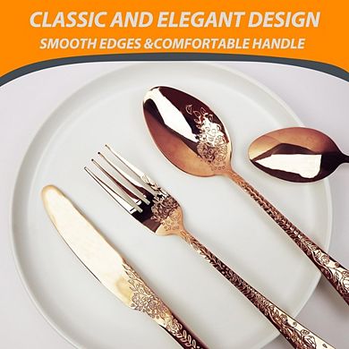 Carved Floral Rose Gold Copper Silverware Set 20-Piece for 4, Stainless Steel Flatware Set