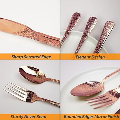 Carved Floral Rose Gold Copper Silverware Set 20-Piece for 4, Stainless Steel Flatware Set