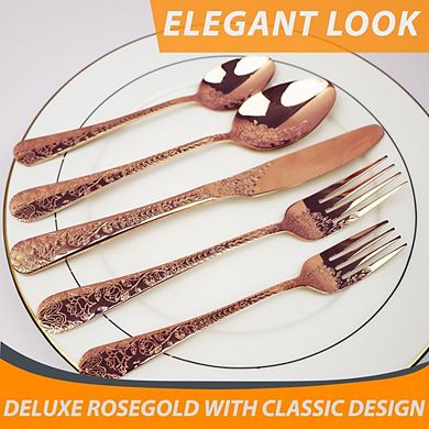 Carved Floral Rose Gold Copper Silverware Set 20-Piece for 4, Stainless Steel Flatware Set