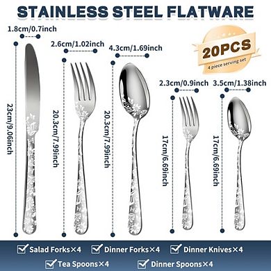 20 pc Stainless Steel Flatware Set, Mirror Finish Silverware for 4, Durable Tableware