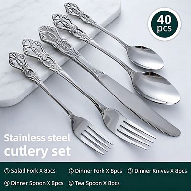40-Piece Stainless Steel Flatware Set, Silver Silverware Set Service for 8, Cutlery Utensils Set