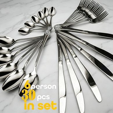 Elegant Silver Finish 30-Piece Family Flatware Set, Service for 6