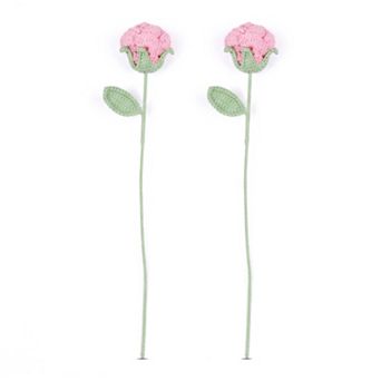 2 pc Handmade Crochet Rose Bouquet, Long Stem Realistic Fake Roses for Home Wedding Vase Decor